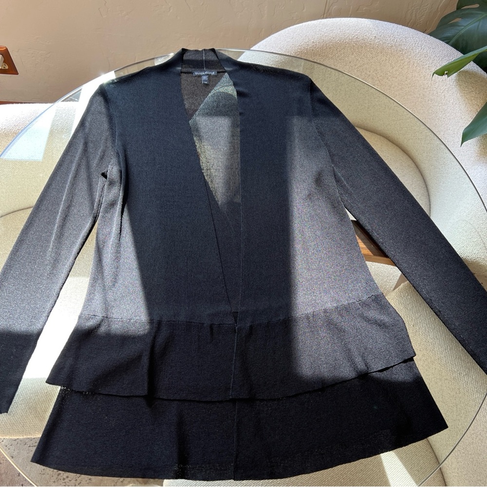 Eileen Fisher Black open cardigan small lightweight rayon blend tiered sweater